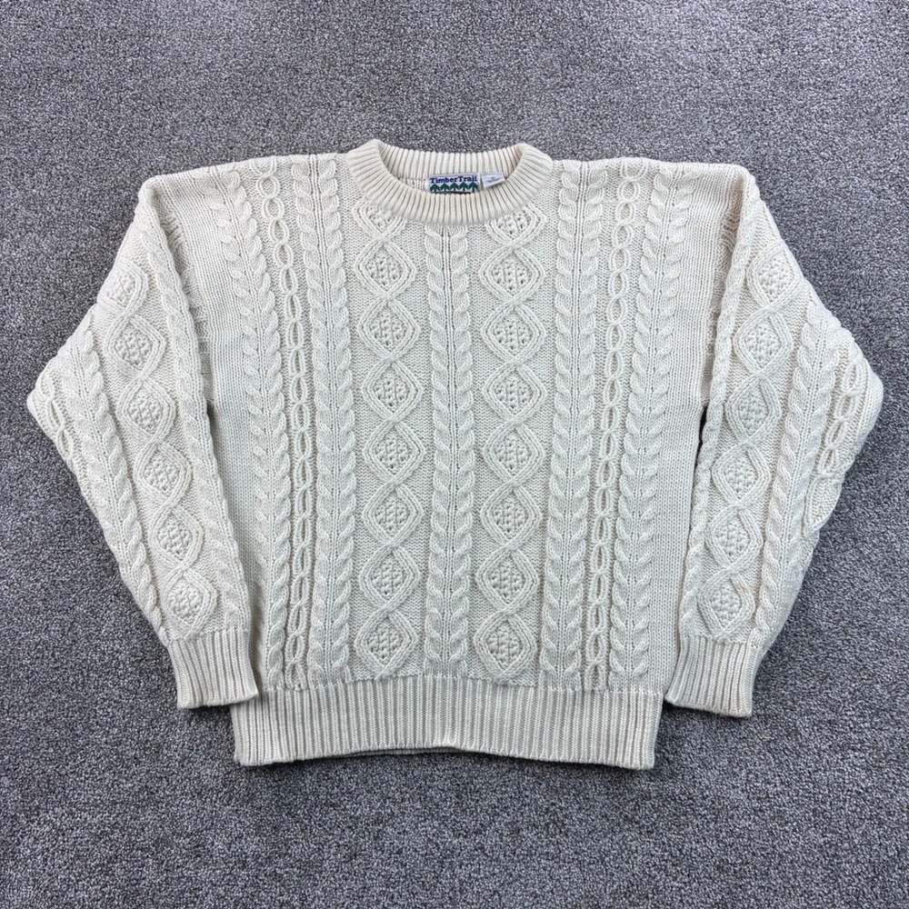 Vintage Timber Trail Sweater Mens L Cream Acrylic Cable Knit Fisherman Chunky